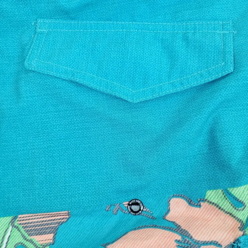 Maui and Sons aqua men's swim trunks pink green Hawaiian tropical print 36